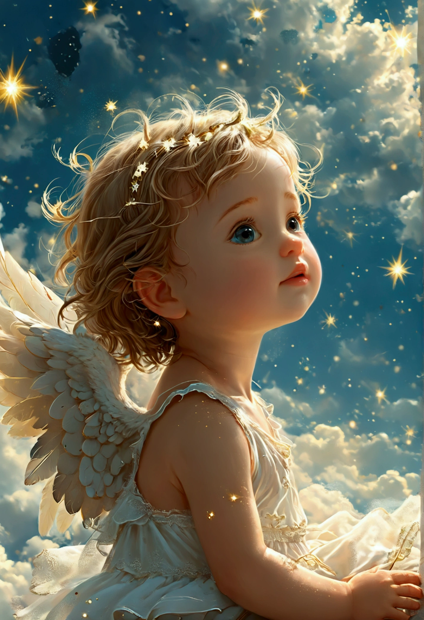 (adorable little angel:1.5),(desenho animado:1.3),(sky with starry clouds:1.2)