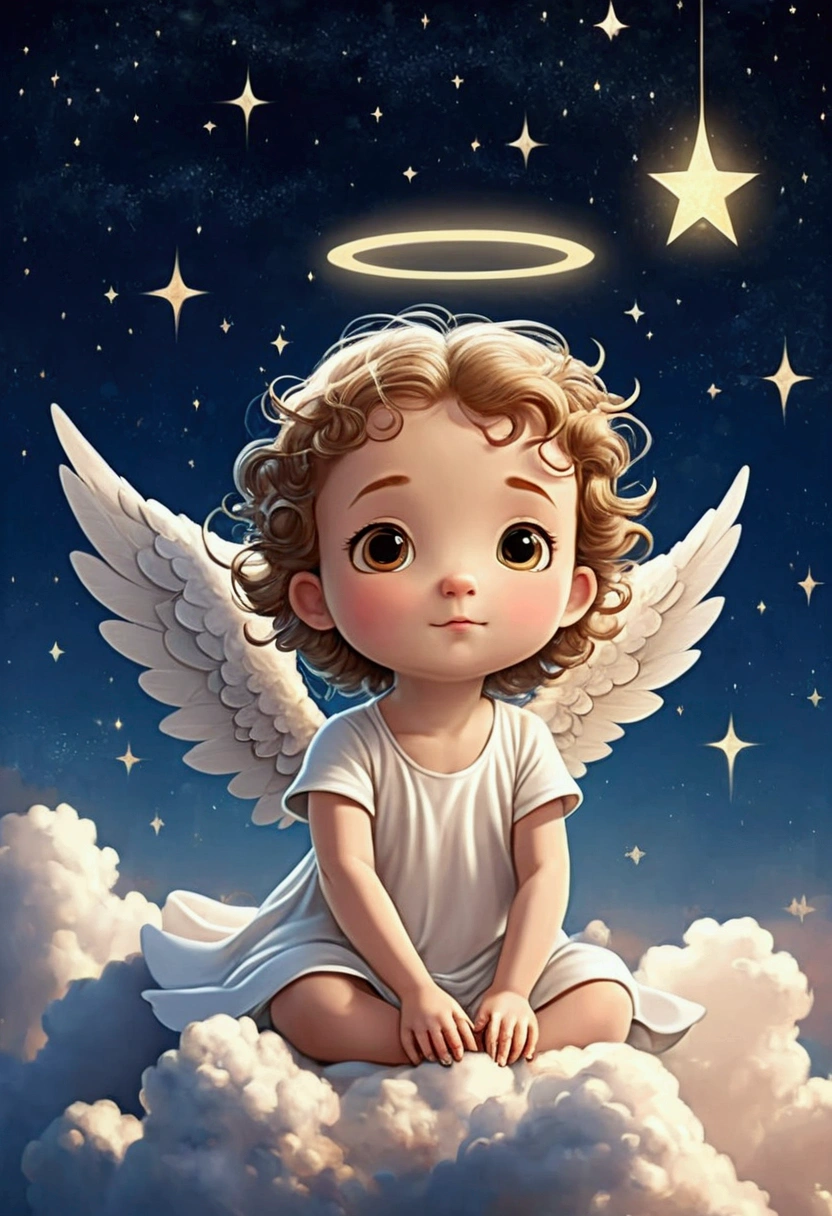 (adorable little angel:1.5),(desenho animado:1.3),(sky with starry clouds:1.2)