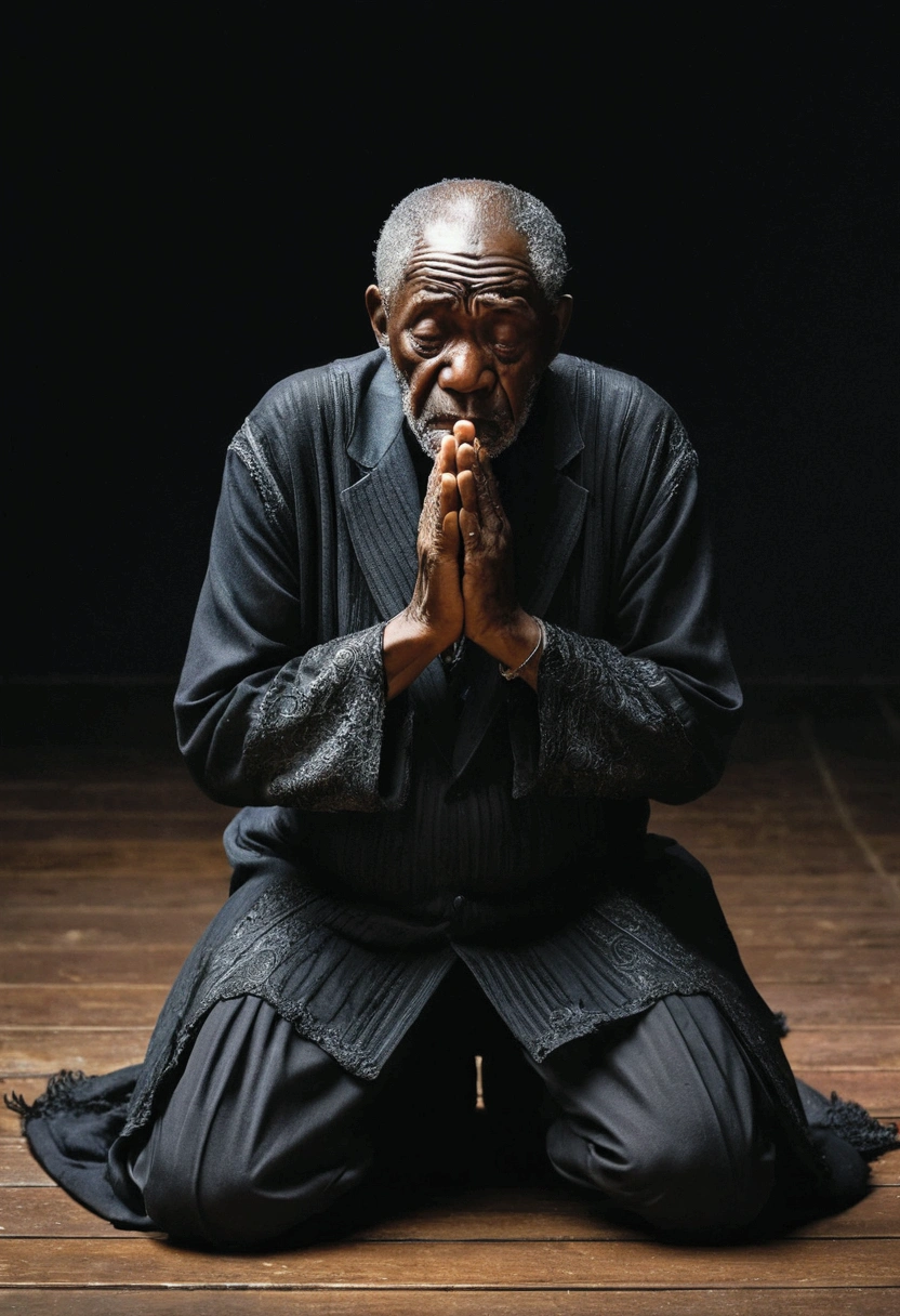A black old man kneeling in despair