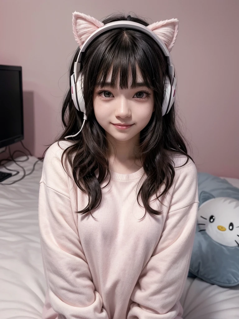 ((best qualityer)), ((work of art)), (detailded), ((1girl)), 18-years old,ombro to ombro sweater, ((white skin)), black eyes, ((wavy black hair with bangs)), casual style clothes, anime print blouse, wearing cat ear headphones,background a pink gamer room, ((no people in the background)), looking straight ahead,realisitic,Smiling for the camera,waving,in the background on the right side your bed with stuffed animals on top,Kuromi and Hello Kitty plush,on the left side a gaming computer,((pink and white room)),perfect body,((1people)).