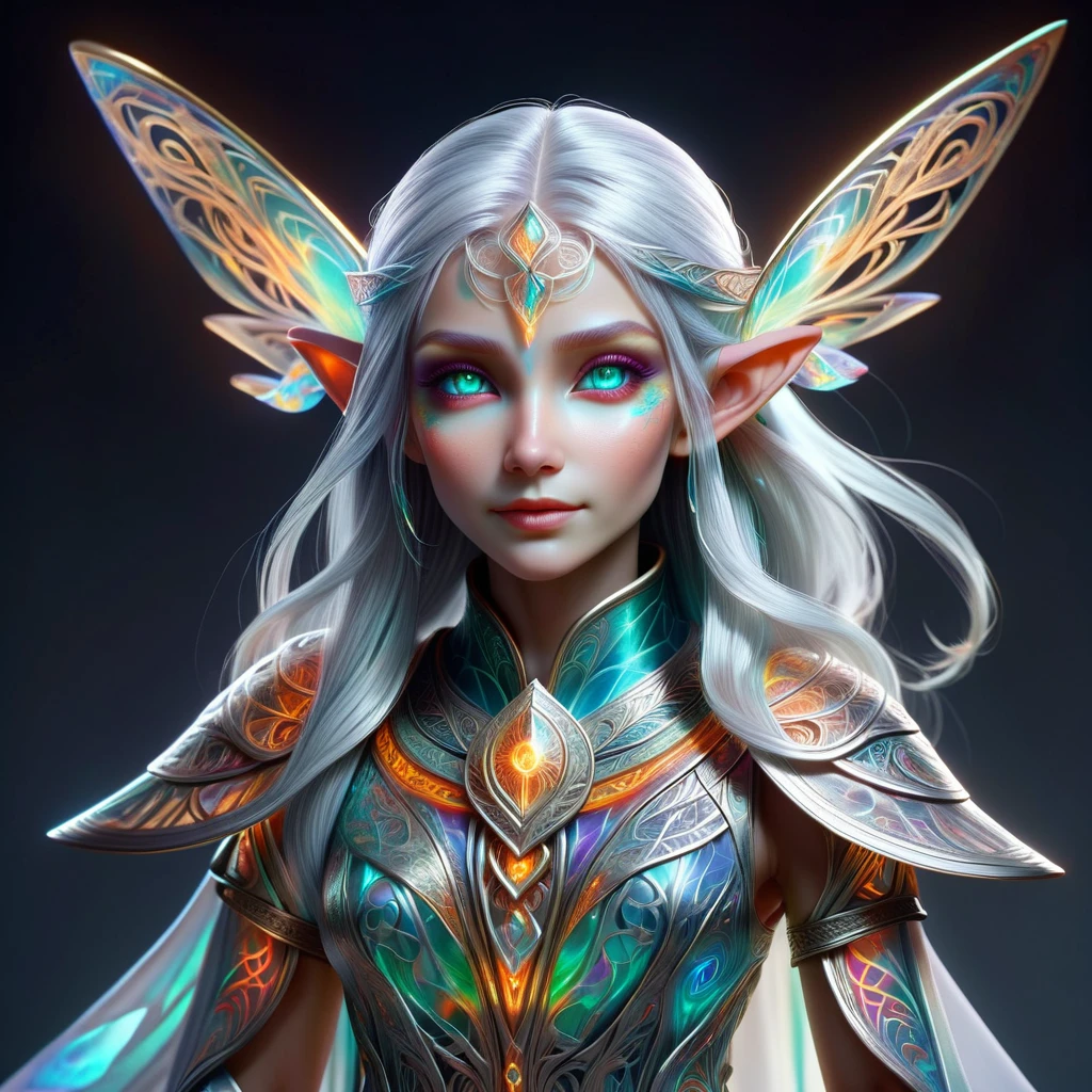 race elf Physical Appearance:

Age: Several centuries old, appears to be in her early 30s

Height: 5'11" (180 cm)

Build: Slender and graceful with an ethereal quality

Hair: Long, flowing silver hair with occasional streaks that shift color based on her magical aura

Eyes: Iridescent, changing colors depending on the plane she's attuned to

Distinguishing features: Intricate, glowing runic tattoos along her arms and neck

Attire: Flowing robes woven from magical threads that ripple with images of different planes