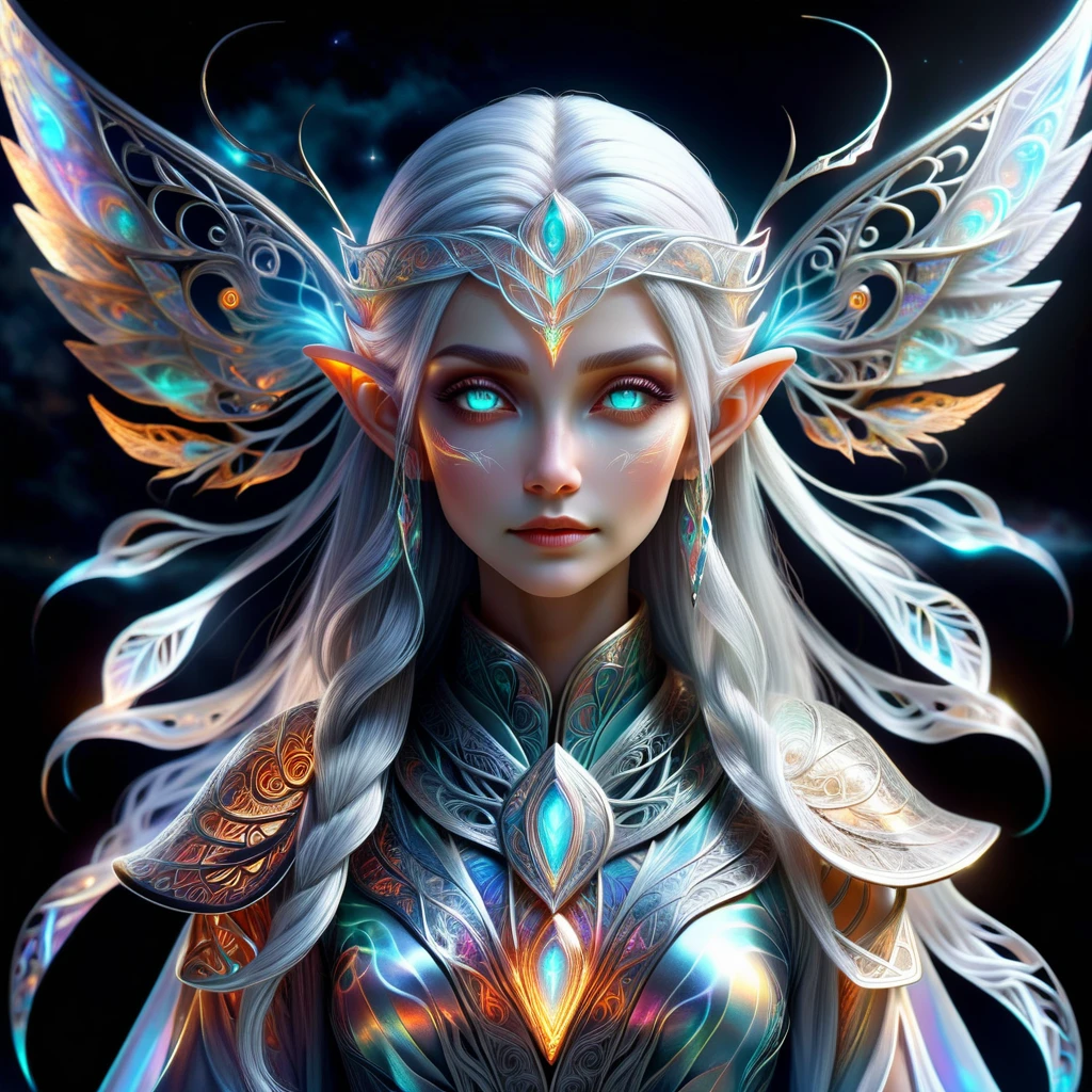 race elf Physical Appearance:

Age: Several centuries old, appears to be in her early 30s

Height: 5'11" (180 cm)

Build: Slender and graceful with an ethereal quality

Hair: Long, flowing silver hair with occasional streaks that shift color based on her magical aura

Eyes: Iridescent, changing colors depending on the plane she's attuned to

Distinguishing features: Intricate, glowing runic tattoos along her arms and neck

Attire: Flowing robes woven from magical threads that ripple with images of different planes