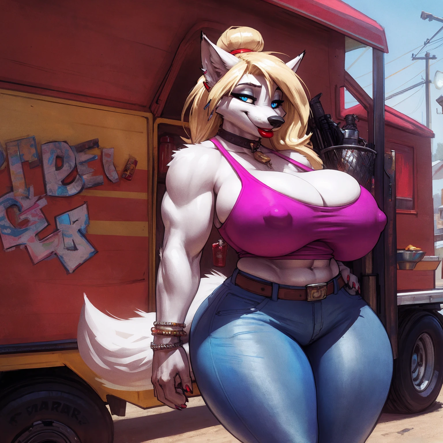 by darkgem, by bigdad, by sligarthetiger, by BNG, curvy, arctic fox, white fur, female, athletic figure, furry body, hyper hips, thick thighs, big arms, (huge breasts:1.1), heavy breasts, nipple outline, blue eyes, highly detailed eyes, blonde hair, long hair, hair bun, milf, tank top, bare midriff, cleavage, large areolae, long snout, big bottom lip, red lipstick, (low jeans:1.4), bare midriff, visible thong straps, Masterpiece, best quality, absurd res, highly detailed, cleanly drawn eyes, anthro only, trailer park, smile, standing upright, trailer trash,