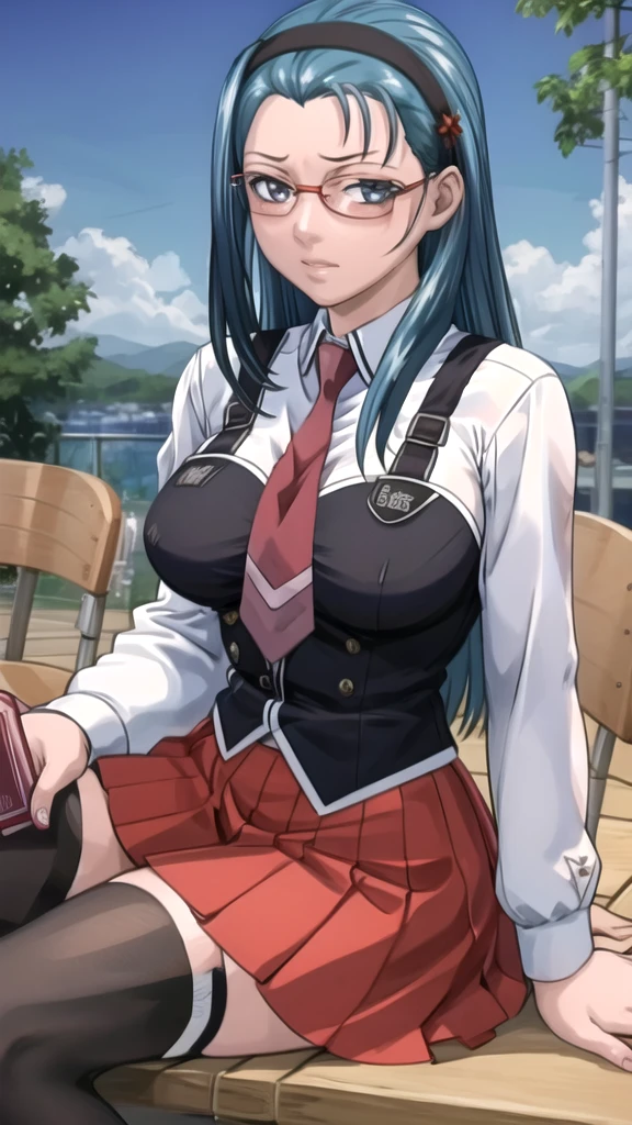sitting,
masterpiece, best quality, high quality, highres, outdoors, day, upper body, looking at viewer, solo, focused, BREAK,
FAP_BibleBlack_JunkoMochida_ownwaifu, bible_black,
1girl, long hair, blue hair, hairband, breasts, large breasts, blue eyes, rimless eyewear, very long hair,
skirt, thighhighs, long sleeves, , necktie, glasses, zettai ryouiki, red necktie, suspenders, red skirt, pleated skirt, black_vest, vest,