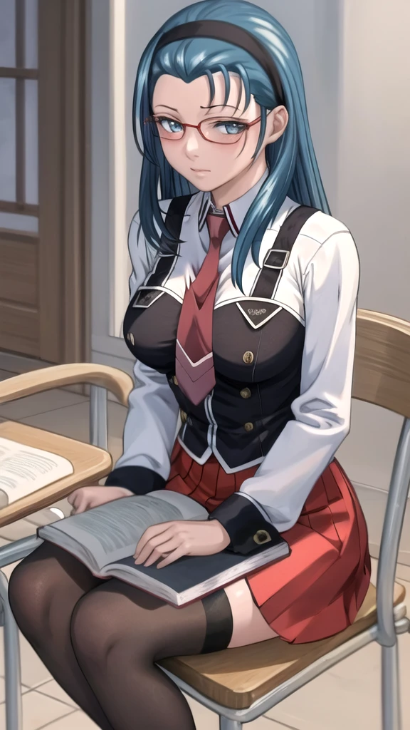 sitting,
masterpiece, best quality, high quality, highres, outdoors, day, upper body, looking at viewer, solo, focused, BREAK,
FAP_BibleBlack_JunkoMochida_ownwaifu, bible_black,
1girl, long hair, blue hair, hairband, breasts, large breasts, blue eyes, rimless eyewear, very long hair,
skirt, thighhighs, long sleeves, , necktie, glasses, zettai ryouiki, red necktie, suspenders, red skirt, pleated skirt, black_vest, vest,
