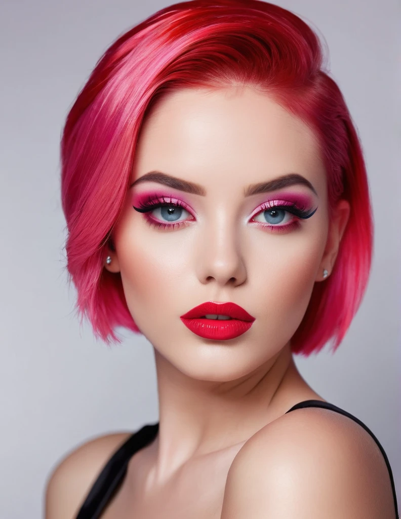 very attractive 25 year old female with bright pink hair, Red make-up, red lipstick, slicked back hair, Detailed Face, Detailed Lips, Detailed Eyes,