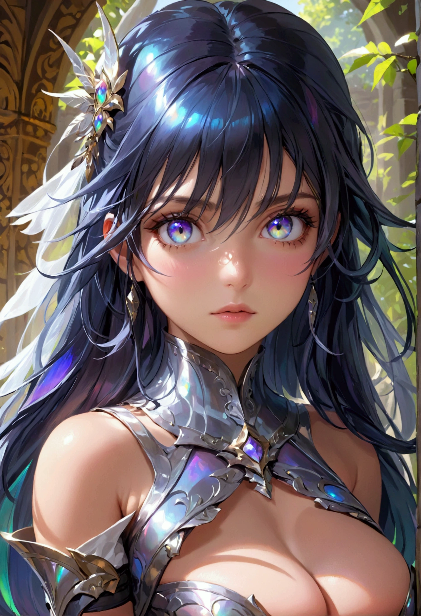 (masterpiece), best quality, expressive eyes, perfect face, Girl,long dark iridescent hair, iridescent eyes, small waist, small breast , large thighs,large ass, fantasy warrior outfit