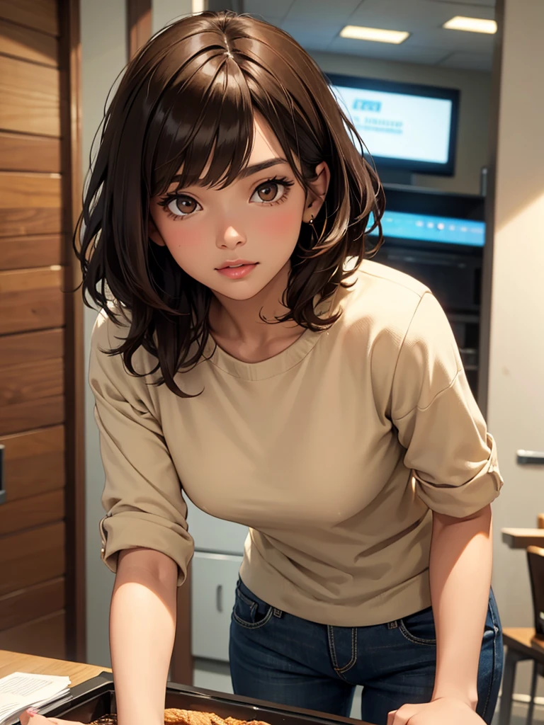 close up, young adult woman, short length brown hair, side bangs, brown eyes, ebony skin, casual bright clothes