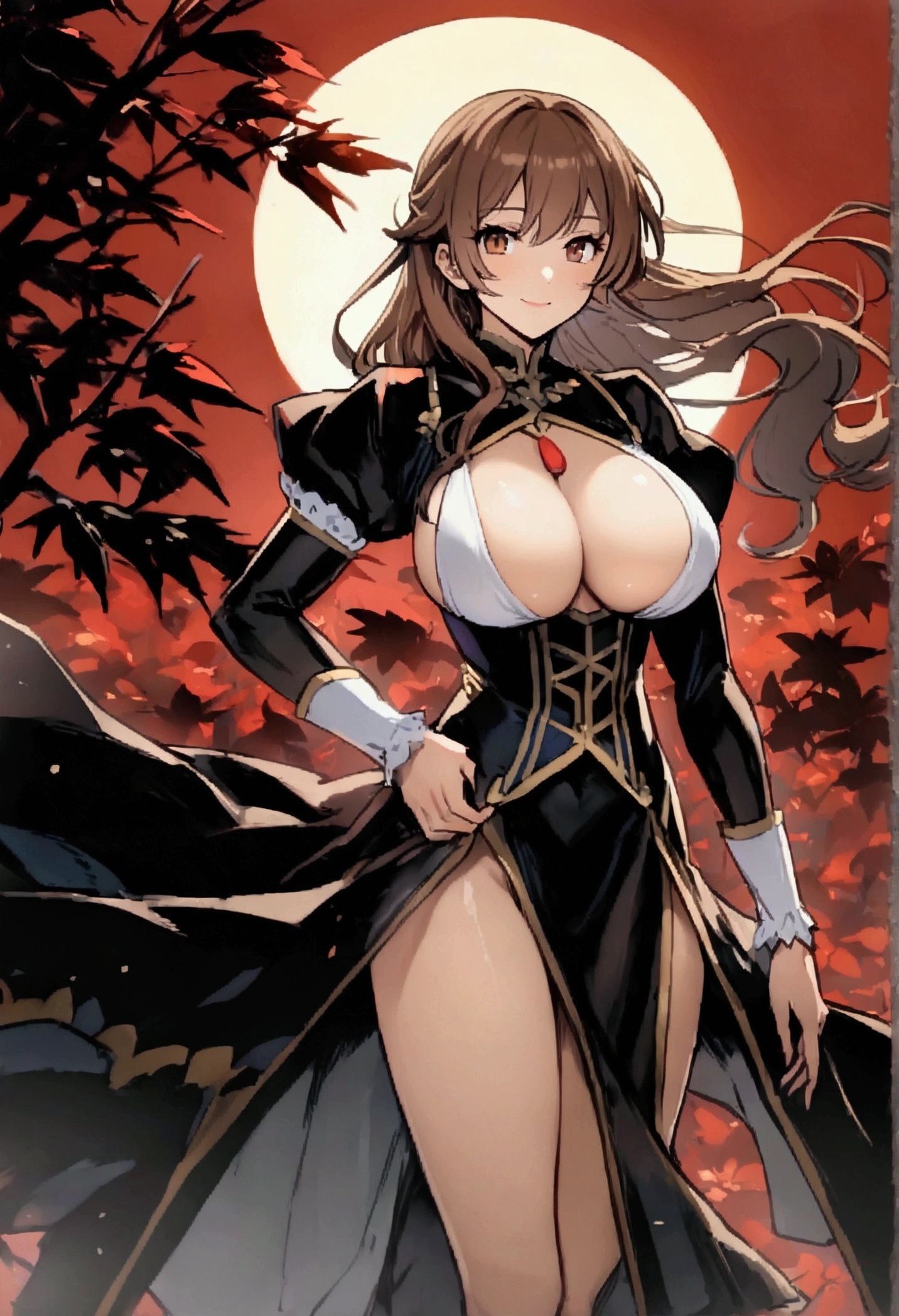 長い髪を持つbeautifulアニメ風の牛娘,((Minotaur Human)),(((Brown Hair)))Long Wavy Hair,(((Highest quality)))Transparent Hair,A kind smile,Eyes full of kindness,(((Brown eyes))),色欲の美female,(((A well-defined, glamorous body)))(((Huge bust)))Tight waist,(((Wearing cowboy clothes)))際どいカウボーイ衣装をしている過激な美female,((胸元とへそを露出したWearing cowboy clothes)),Oily skin,beautiful,(((female々A good appearance))),((Dynamic figure)),(((detailed)))Full Body Shot,Countless leaves(((background)))fog,Red Moon,Countless fields,In the mysterious forest。