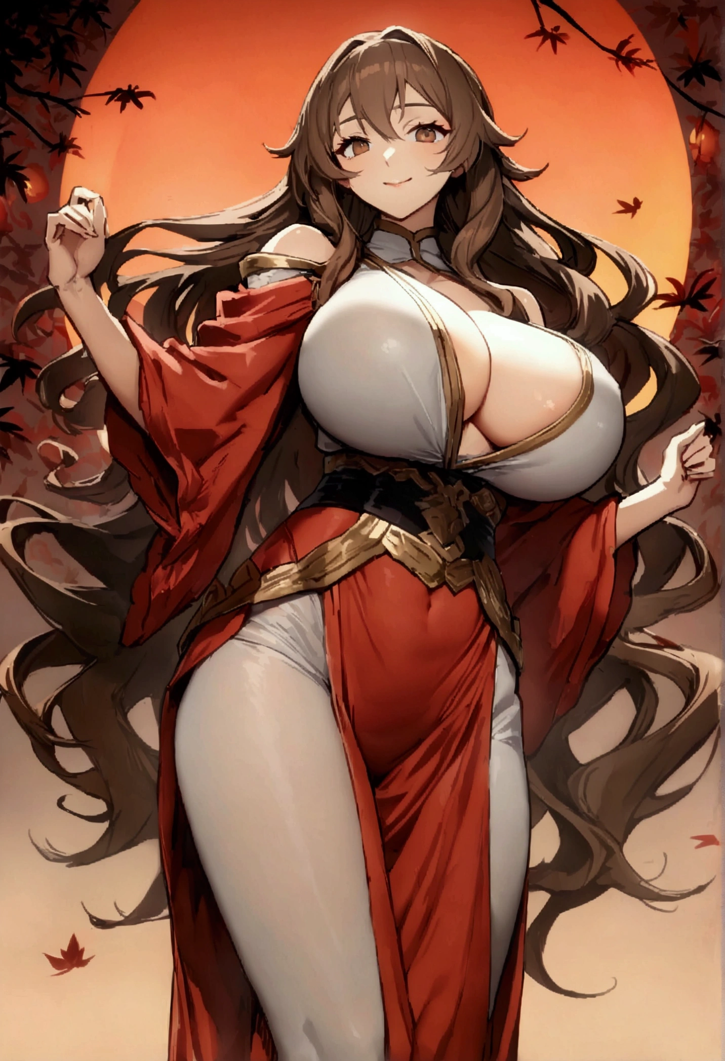 長い髪を持つbeautifulアニメ風の牛娘,((Minotaur Human)),(((Brown Hair)))Long Wavy Hair,(((Highest quality)))Transparent Hair,A kind smile,Eyes full of kindness,(((Brown eyes))),色欲の美female,(((A well-defined, glamorous body)))(((Huge bust)))Tight waist,(((Wearing cowboy clothes)))際どいカウボーイ衣装をしている過激な美female,((胸元とへそを露出したWearing cowboy clothes)),Oily skin,beautiful,(((female々A good appearance))),((Dynamic figure)),(((detailed)))Full Body Shot,Countless leaves(((background)))fog,Red Moon,Countless fields,In the mysterious forest。