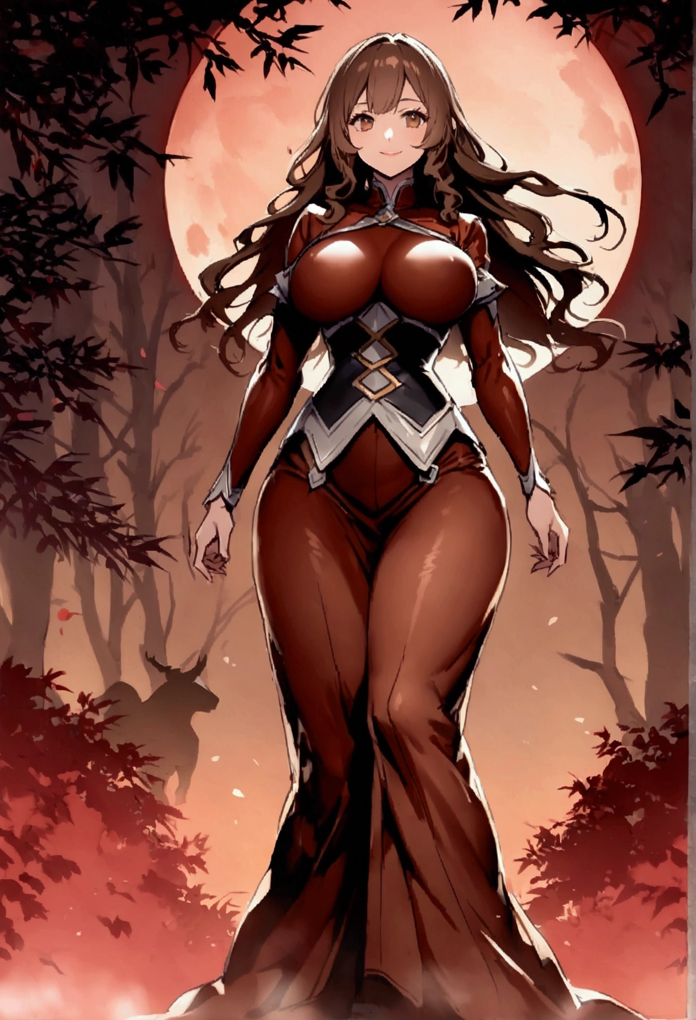 長い髪を持つbeautifulアニメ風の牛娘,((Minotaur Human)),(((Brown Hair)))Long Wavy Hair,(((Highest quality)))Transparent Hair,A kind smile,Eyes full of kindness,(((Brown eyes))),色欲の美female,(((A well-defined, glamorous body)))(((Huge bust)))Tight waist,(((Wearing cowboy clothes)))際どいカウボーイ衣装をしている過激な美female,((胸元とへそを露出したWearing cowboy clothes)),Oily skin,beautiful,(((female々A good appearance))),((Dynamic figure)),(((detailed)))Full Body Shot,Countless leaves(((background)))fog,Red Moon,Countless fields,In the mysterious forest。