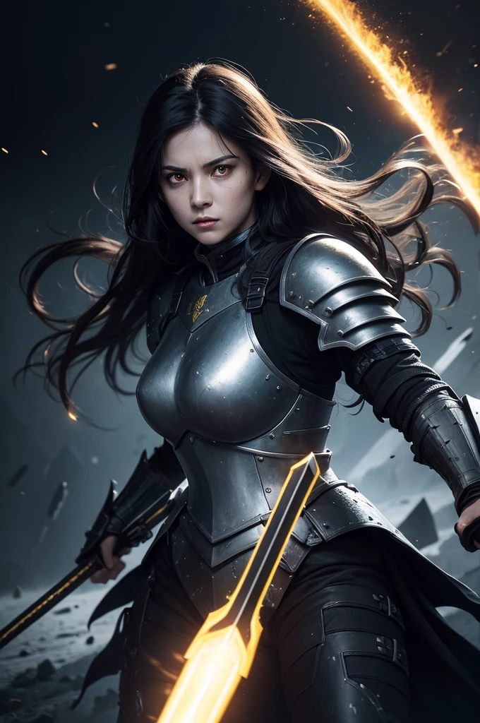 A woman with yellow eyes, dressed in full black armour, wielding a iron spear, fighting in a space battle.