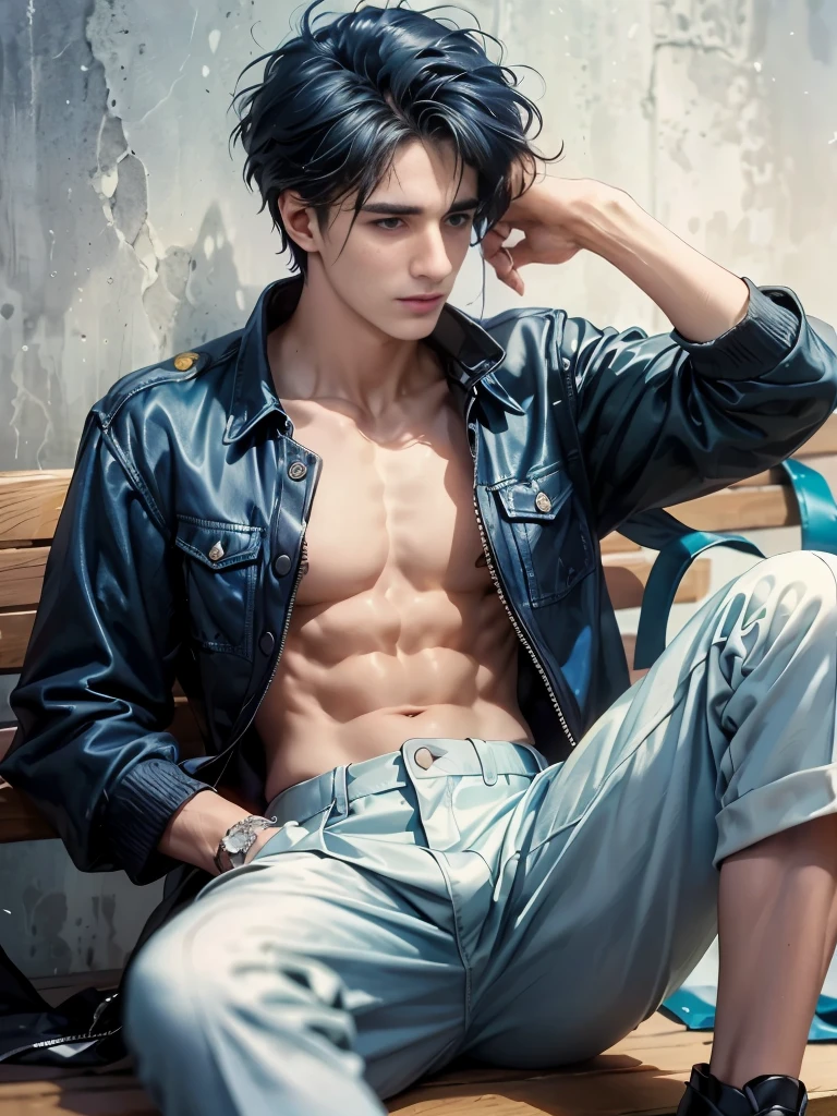 Alafud male model sitting on a bench，Take off your shirt, Cool anime poses, Anime handsome man, Handsome Japanese demon boy, The handsome guy in Demon Slayer, Male anime style, male anime character, Isayama&#39;s style, range murata and Atjem, Male pose, beautiful androgynous prince, IG model | Atjem