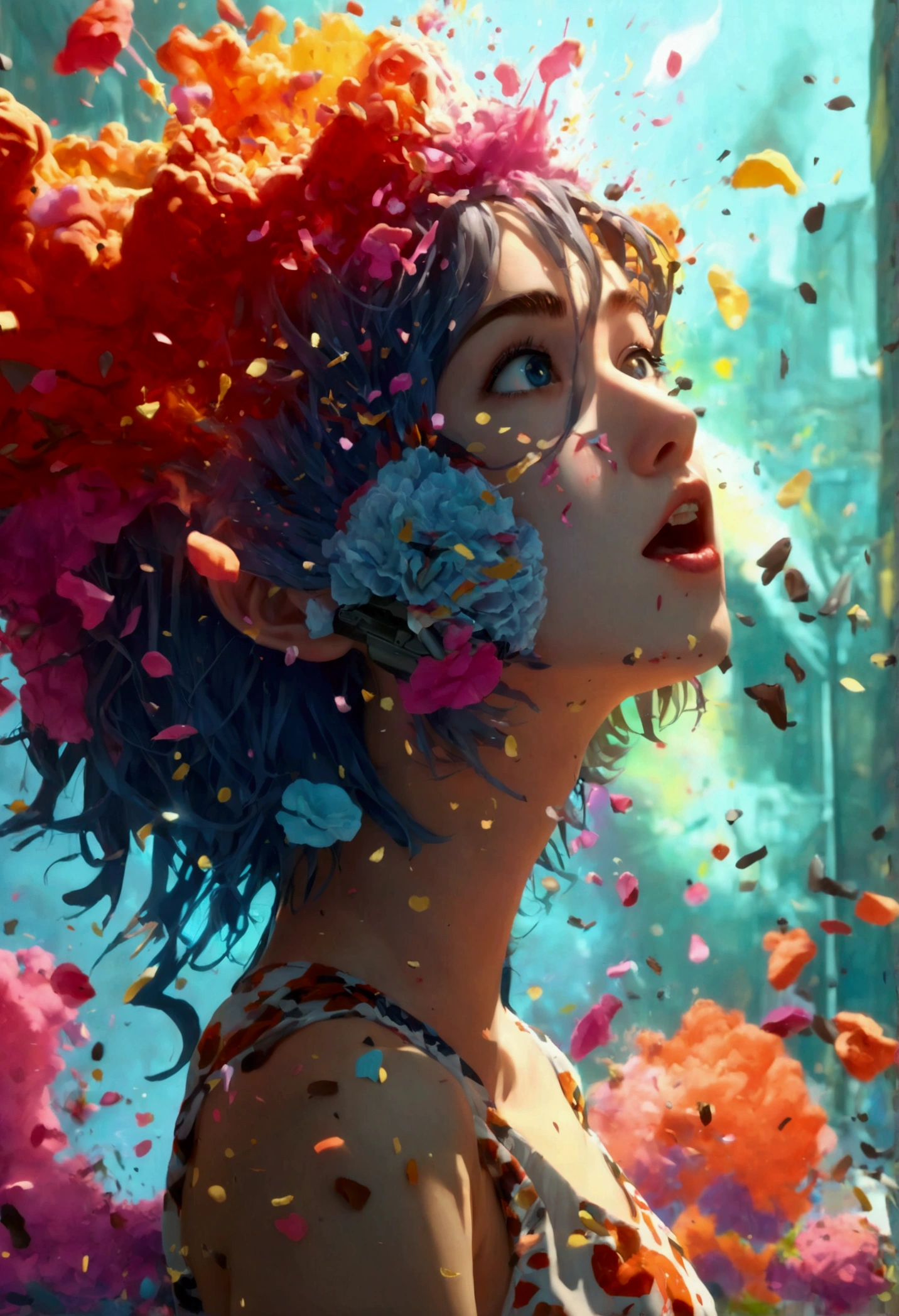 (Highly detailed CG Unity 16k wallpaper,Highest quality,Superior quality,masterpiece,Super detailed,:1.3), (Head explodes,:1.5), (g2h, Put a gun to your head, Possession of a gun,:1.5),flower,破裂したflowerびら
