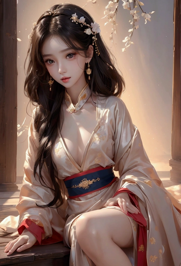 Best image quality、8K、masterpiece:1.3))、Realistic high-quality photos、Highest quality、 Beautiful face、Photos of slim models、Beautiful girl model、Young and pretty face、Beautiful model girl、A lovely and delicate face、Black Hair、Beautiful brown eyes、Young Body、Hanfu, (emphasize)、from the front、Camera gaze,、Anatomically correct、胸の谷間をemphasize、whole body、13-year-old female model