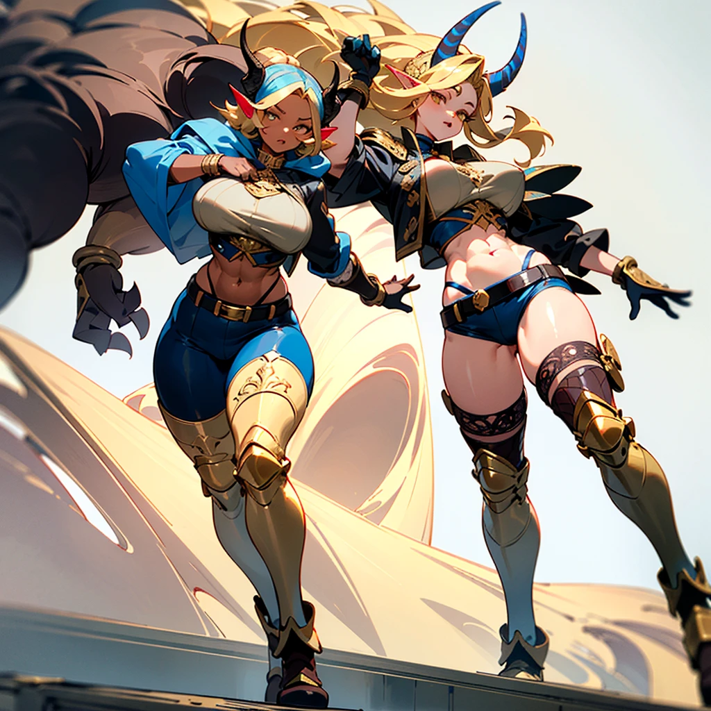 1girl, ((blonde hair)), (gold eyes), ((big red horns)), {{dark skin}}, ({dark skinned female}), gigantic breasts, thick thighs, translucent blue veins on the body, strong abdominal muscles, strong leg muscles, strong arm muscles, ponytail hairstyle, wearing a blue coat with rolled up sleeves, steel belly heavy armor, leather pants, leather steel gloves, wide a leather belt with gold yarn walks through a flower meadow against the backdrop of distant high mountains,