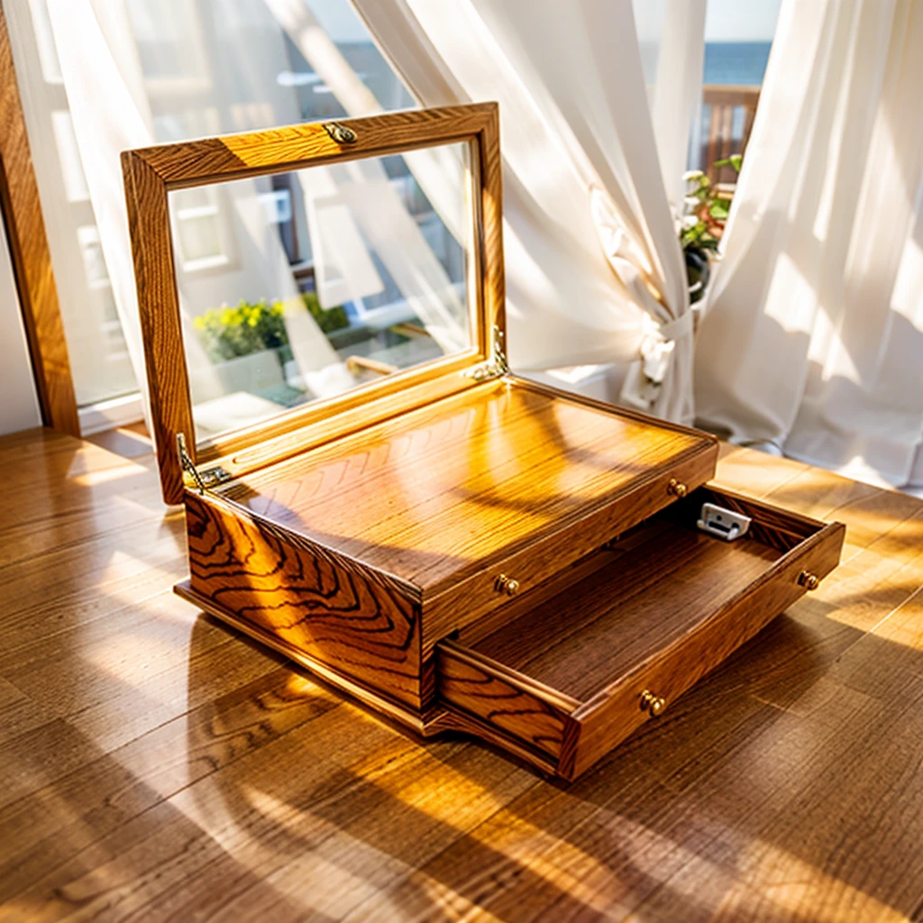 In this cozy room,A ray of sunlight shone through the half-drawn curtains on the table,Let the wood grain on the watch storage box shine with a faint luster。There was a calm and peaceful atmosphere in the air around them。There are several still lifes hanging on the walls of the room,It adds a touch of elegance to the space。And on the other side of the room,The half-open window lets in the breeze,The pages on the small desk by the window turned in the wind,This quiet scene gives a sense of tranquility and comfort。