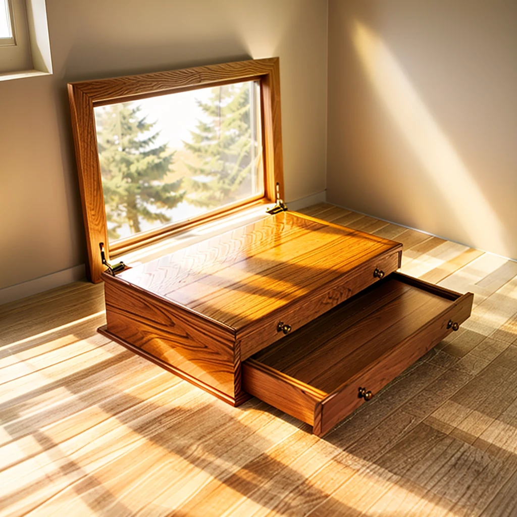 In this cozy room，A ray of sunlight shone through the half-drawn curtains on the table，Let the wood grain on the watch storage box shine with a faint luster。There was a calm and peaceful atmosphere in the air around them。There are several still lifes hanging on the walls of the room，It adds a touch of elegance to the space。And on the other side of the room，The half-open window lets in the breeze，The pages on the small desk by the window turned in the wind，This quiet scene gives a sense of tranquility and comfort。

