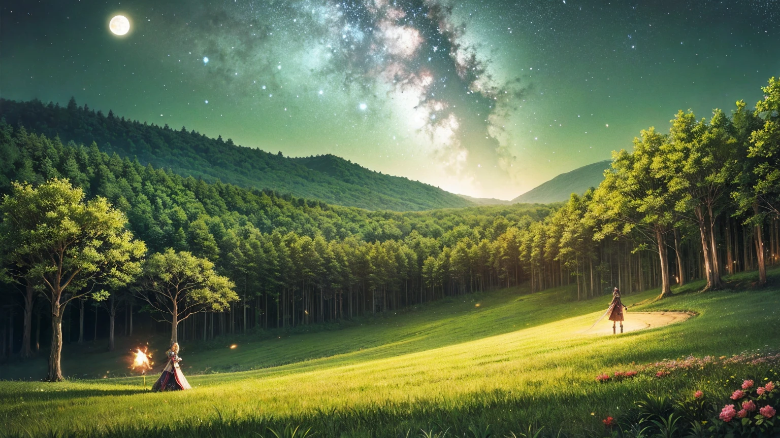 A 16:9 anime-style illustration depicting a female elf adventurer traveling through a fantastical grassland at night. The elf is dressed in elegant, fantasy attire, including a cloak and light armor, but she is not carrying any weapons. She is walking along a path illuminated by the moon and stars, creating a magical glow. The grassland is filled with glowing flowers, fireflies, and distant mountains under the night sky. The atmosphere is serene and full of mystery, highlighting the elf's journey through the enchanting landscape.