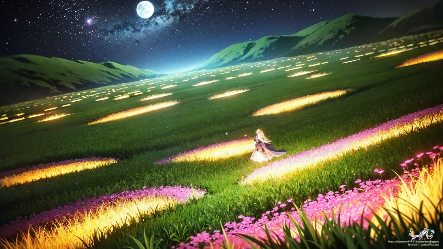 A 16:9 anime-style illustration depicting a female elf adventurer traveling through a fantastical grassland at night. The elf is dressed in elegant, fantasy attire, including a cloak and light armor, but she is not carrying any weapons. She is walking along a path illuminated by the moon and stars, creating a magical glow. The grassland is filled with glowing flowers, fireflies, and distant mountains under the night sky. The atmosphere is serene and full of mystery, highlighting the elf's journey through the enchanting landscape.