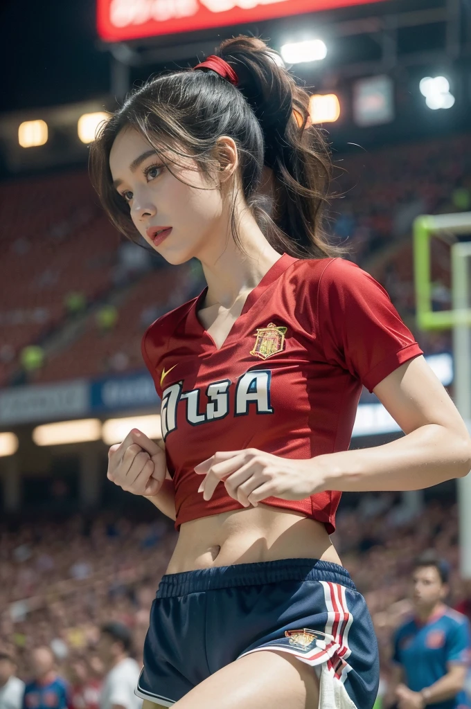 (((best quality))), (((ultra detailed))), (((masterpiece))), illustration,(a beautiful girl,female footballer,solo),(short ponytail:1.2),Spanish team,(short sleeves:1.2),((red jersey, blue shorts)),((slim,thin)),((small breasts,flat chest))),(slender legs:1.2),(football:1.3),determination, agility, passion, dedication, energetic crowd, vibrant atmosphere, electric, invigorating, chaotic, aggressive movements, powerful kicks, elegance, composure, intensity, sports, moment, perseverance, stands, packed stands, enthusiastic fans, roaring, supportive, cheering, chanting, sheen of sweat, skillful, dynamic, picturesque, atmospheric, action-packed, dramatic, realistic,adium, night game, stadium lighting, passionate player, focus, determination, talent, artistry, movement, speed, grace,(standing:1.3),((from front,upper body)),(night scene:1.3)