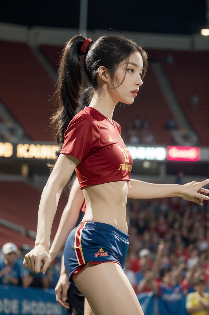 (((best quality))), (((ultra detailed))), (((masterpiece))), illustration,(a beautiful girl,female footballer,solo),(short ponytail:1.2),Spanish team,(short sleeves:1.2),((red jersey, blue shorts)),((slim,thin)),((small breasts,flat chest))),(slender legs:1.2),(football:1.3),determination, agility, passion, dedication, energetic crowd, vibrant atmosphere, electric, invigorating, chaotic, aggressive movements, powerful kicks, elegance, composure, intensity, sports, moment, perseverance, stands, packed stands, enthusiastic fans, roaring, supportive, cheering, chanting, sheen of sweat, skillful, dynamic, picturesque, atmospheric, action-packed, dramatic, realistic,adium, night game, stadium lighting, passionate player, focus, determination, talent, artistry, movement, speed, grace,(standing:1.3),((from front,upper body)),(night scene:1.3)