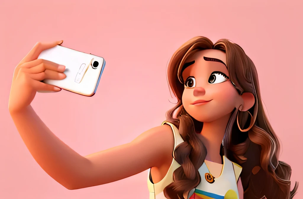 Disney pixar drawing style, Woman taking a selfie, sleeveless blouse, sleeveless arms, brunette skin, skin tanned, brown skin.