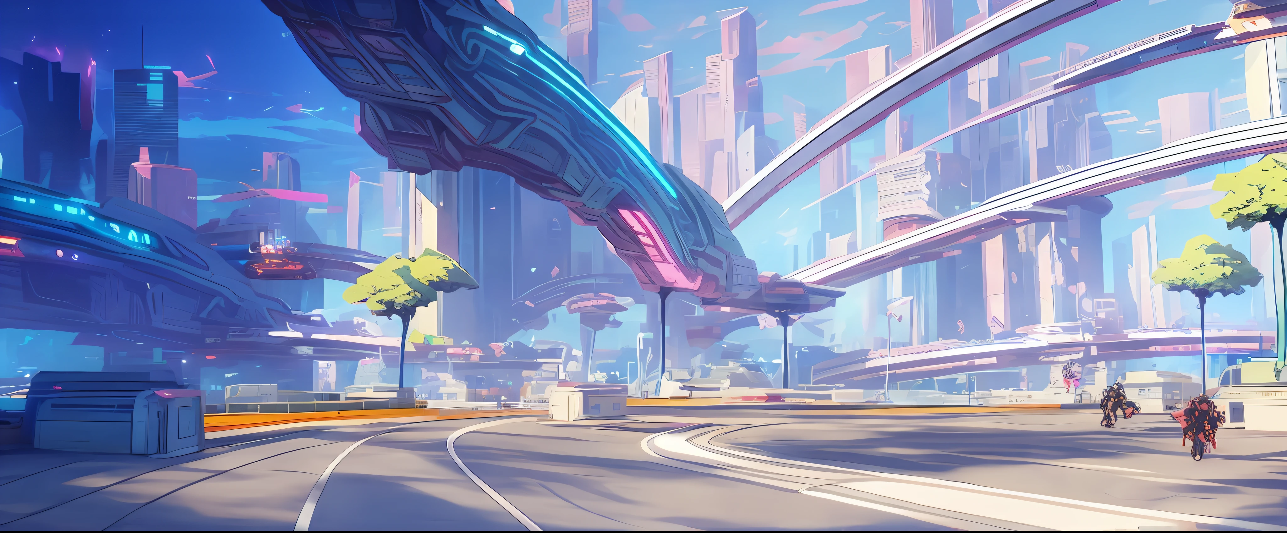 There is a cartoon picture of a futuristic city with a highway, Anime landscape concept art, hyper concept art, art deco outrun anime aesthestic, concept art style, Stylized concept art, futuristic environment, concept art style, futuristic street, concept art for a video game, smooth concept art, archillect concept art, Official concept art, futuristic space port