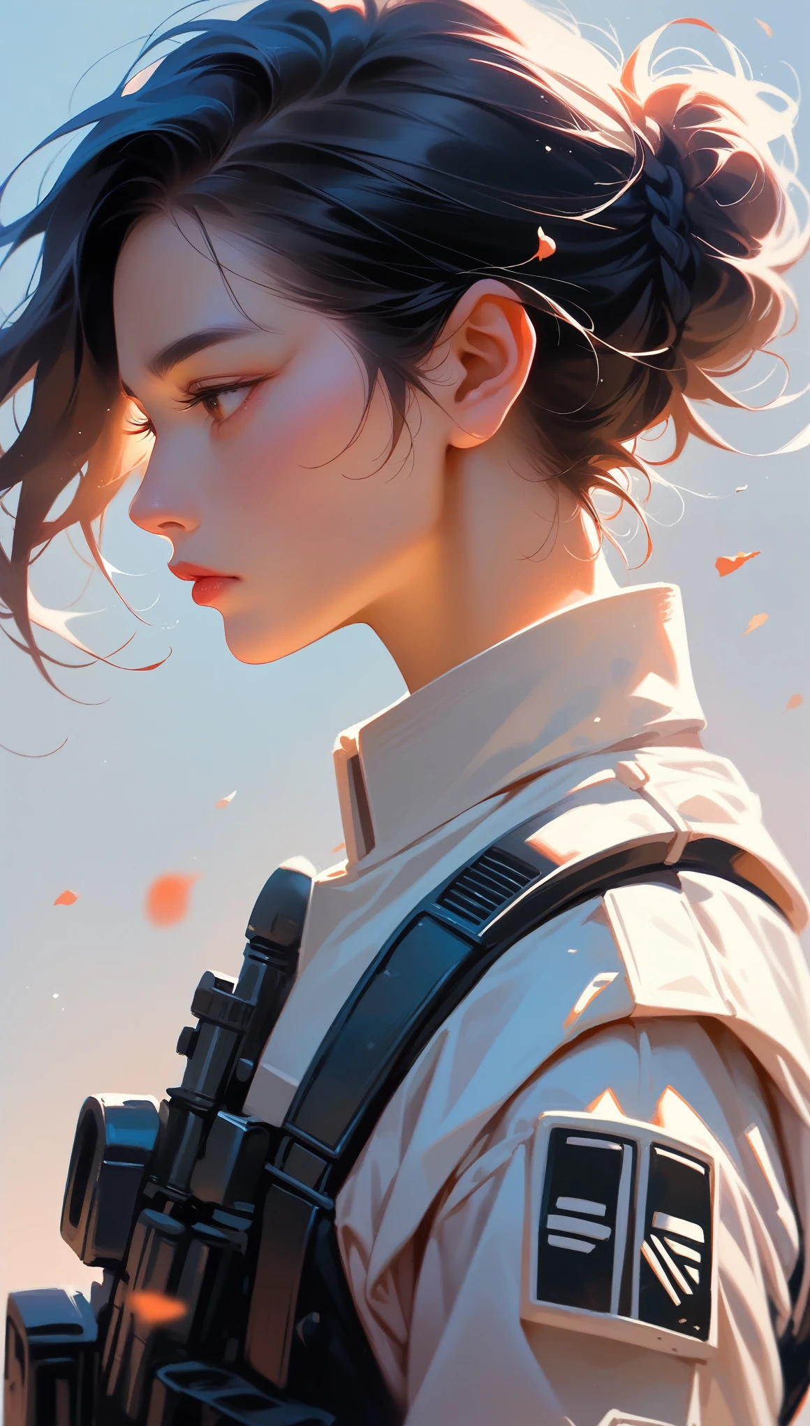 Stormtrooper、Asian、20-year-old、woman、Black Hair、profile、Upper Body、Simple Background