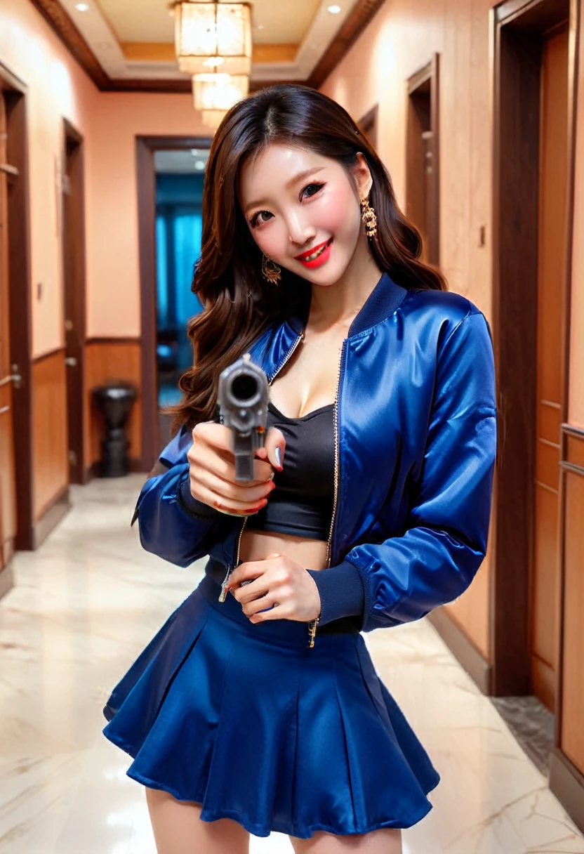 Half body photo, 1 beautiful Asian girl; coy smile, royal blue satin bomber jacket; (holding a pistol in in her hands:1.4), black satin skirt,, long hair,wearing jewelry, natural makeup, extremely detailed eyes and face, lovely smile, delicate blush, sensuous lips, intricate facial details, perfect skin, flawless skin texture perfect, ; standing in a long hallway with many doors, evening lighting, vivid colors, , subtle , dreamy, luxurious atmosphere, low lighting; Super high quality, surreal, 8K, high resolution, masterpiece, detailed, extremely magical, professional cinematic lighting, , vibrant colors; Fine brushstrokes,ethereal vibe,mesmerizing gaze,dreamy atmosphere,blending elegance,subtle color gradients,,understated beauty. In the background several men lay unconscious on the hallway floor