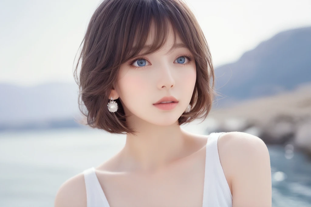 {{a extremely delicate and beautiful girl}}, {{extremely delicate and beautiful girl}}, {{{soft focus}}}, {{{perfect details}}}, {{{detailed and beautiful}}}, close shot, looking away, depthoffield, look up to, beautiful detailed fullbody, longuette, {{{woman}}}, young, Bob hair, spiked hair, wept bangs, grey hair, Perfect face, ?, detailed beautiful eyes, white skin, piercing, harajuku fashion, sleeveless shirt, open clothes, landscapes, white background, blurry background, cinematic lighting, flowing transparent white, {{{best masterpiece}}}, {{{best quality}}}, {{{extremely detailed 8K wallpaper}}},タートルネック