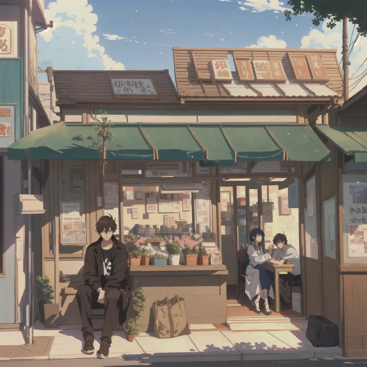 Anime scene with a man and a woman sitting outside a small store, Anime Background Art, in Makoto Shinkai&#39;s style, Makoto Shinkai&#39;s style, Anime Landscape Concept Art, commend, commend art, Low-fidelity illustration style, commend artstyle, Shinkai Makoto style, Studio Ghibli's art style, Studio Ghibli Aesthetics