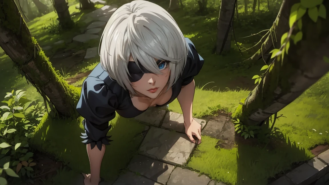 Portrait of a girl, face close to the camera, face close up, lying on the grass, Lying on his back, covers his chest, pov angle, face close up (very detailed eyes, pupils, Lips 1.1), face close, blindfold, gloomy composition, gloomy background, the forest, ruins covered with moss, Tall trees, nature, the lights of a sun, very detailed. stands in a fighting pose, fighting stance, in battle, gloomy composition, gloomy room, Gloomy atmosphere, very detailed eyes, grey-blue eyes, beautiful figure, ruin, ruined city, very detailed eyes, beautiful figure, Lucy from the anime series 1 girl, facing the viewer, beautiful figure (Correct anatomy 1.1.), full length (Full body 1.1), slim, a slim body, a slim body, slender legs, anime style, White hair, White hair, that disappear at the ends, bob haircut, Cutouts on the shoulders, Cutouts on the chest, Neckline at the waist, Black Stockings, Black short skirt, white panties, very detailed face, very beautiful face, very sexy, full length (Full body 1.1), маленькая elastic грудь, small ass, Красивая a slim body, Small buttocks, world, Femininity,chedevr,Best quality,very detailed,Visible to your feet, permission 8k, high sharpness, permission 8k, very detailed, 8k contract, professional lighting, photon mapping,physical rendering, perfect face, Detailed face and body, ray tracing, expressive look, Cinmatic worlding,elastic , Increased sexuality,