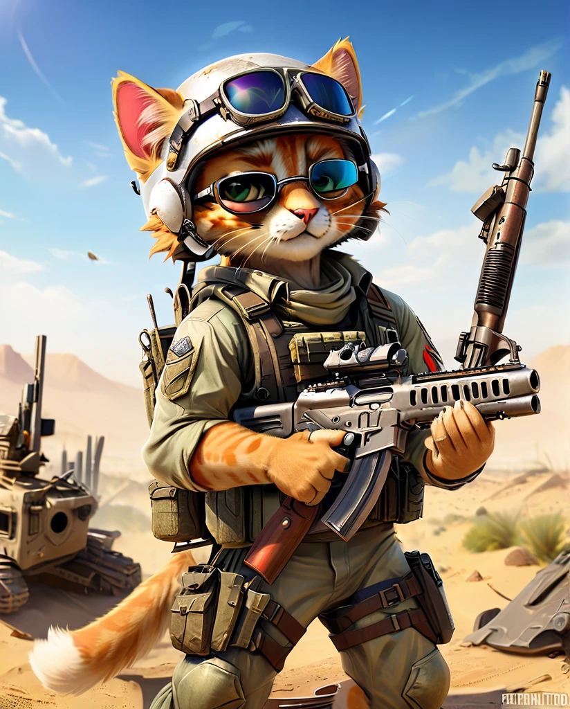 high quality Kitten practicing shooting(Personification) He has a rifle. wearing a helmet sunglasses