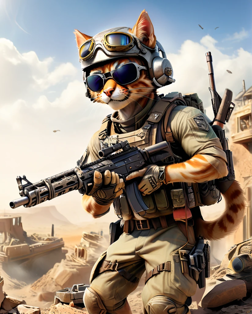 high quality Kitten practicing shooting(Personification) He has a rifle. wearing a helmet sunglasses