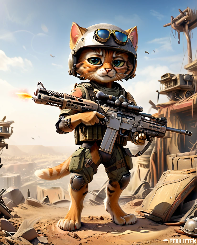 high quality　Kitten practicing shooting(Personification)　He has a rifle.　wearing a helmet　sunglasses