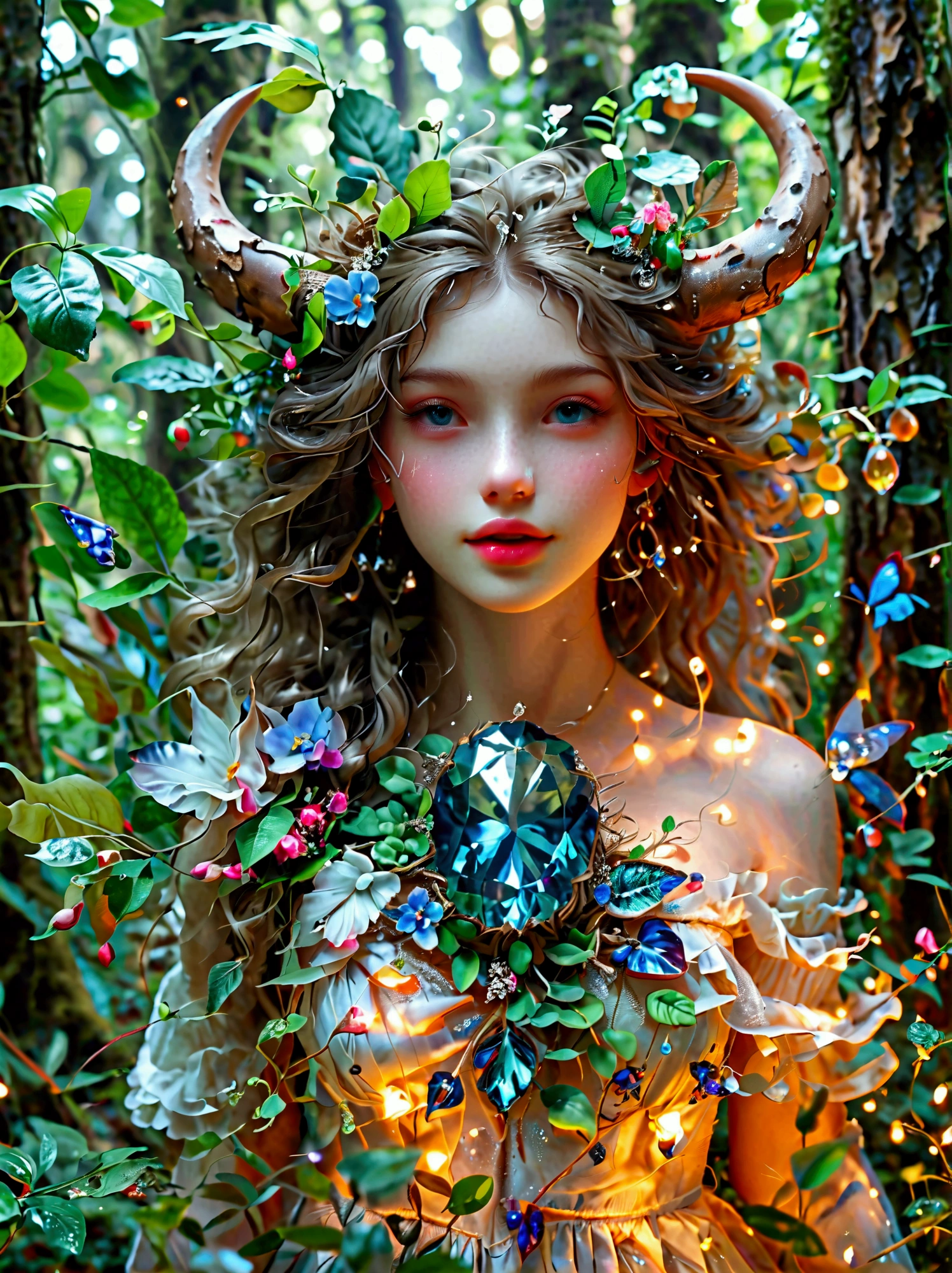 A fantasy creature with feminine qualities standing in a mysterious forest，She has lush hair，Charming eyes，(Both eyes look at you:1.5), ((Front view))，((front))，and wore a bright dress that flattered her figure.，Slender thighs，Crystal Slippers，Charming socks，Her unique features，Scales，Horns and wings，Makes her look otherworldly，She exudes an air of mystery and charm.，Attracts everyone who meets her，The forest around her is dense，With a thick trunk，Lush greenery，and fascinating plants of all shapes and sizes，The crystal dewdrops add a magical sparkle to the scene，Contributes to the overall charming atmosphere，