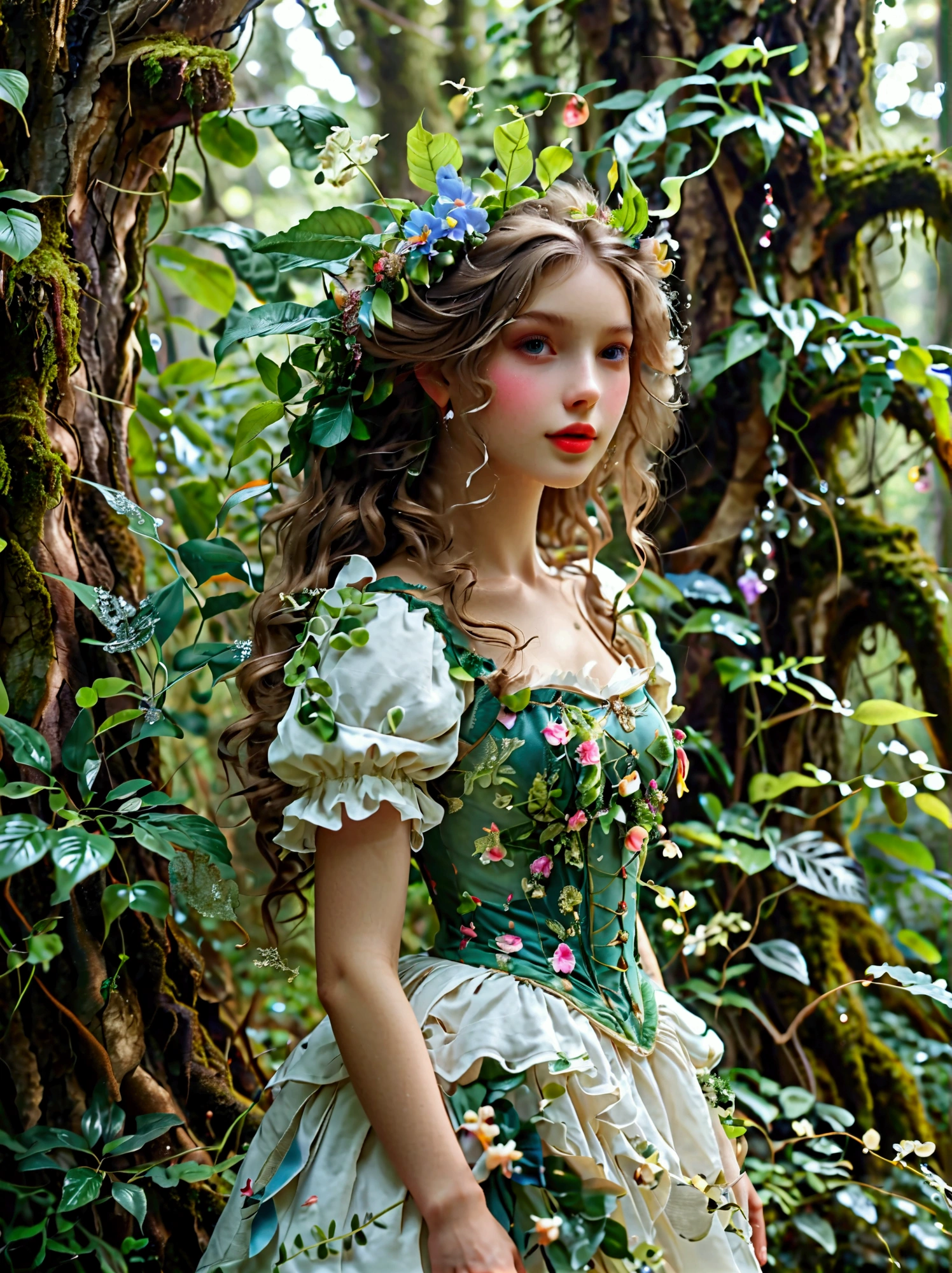 A fantasy creature with feminine qualities standing in a mysterious forest，She has lush hair，Charming eyes，(Both eyes look at you:1.5), ((Front view))，((front))，and wore a bright dress that flattered her figure.，Slender thighs，Crystal Slippers，Charming socks，Her unique features，Scales，Horns and wings，Makes her look otherworldly，She exudes an air of mystery and charm.，Attracts everyone who meets her，The forest around her is dense，With a thick trunk，Lush greenery，and fascinating plants of all shapes and sizes，The crystal dewdrops add a magical sparkle to the scene，Contributes to the overall charming atmosphere，