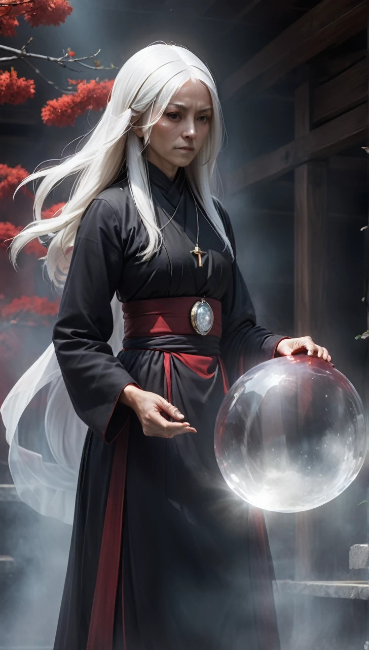 high resolution　high quality　Reality　suspicious　Japan nun　In front of a round crystal　Intimidation　Upper Body　Looming　metallic　Transparency　Facing forward　suspicious雰囲気　Dark atmosphere　Upper Body　Close-up of face　Skinhead　Bloodshot　65 years old　Voluptuous　Plump　fat　Japanese Style　Fortune teller prophet