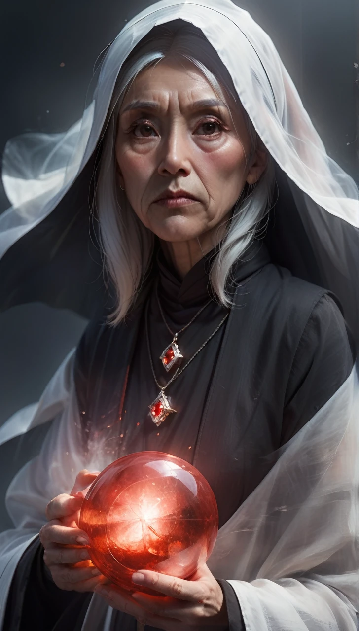 high resolution　high quality　Reality　suspicious　Japan nun　In front of a round crystal　Intimidation　Upper Body　Looming　metallic　Transparency　Facing forward　suspicious雰囲気　Dark atmosphere　Upper Body　Close-up of face　Skinhead　Bloodshot　65 years old　Voluptuous　Plump　fat　Japanese Style　Fortune teller prophet