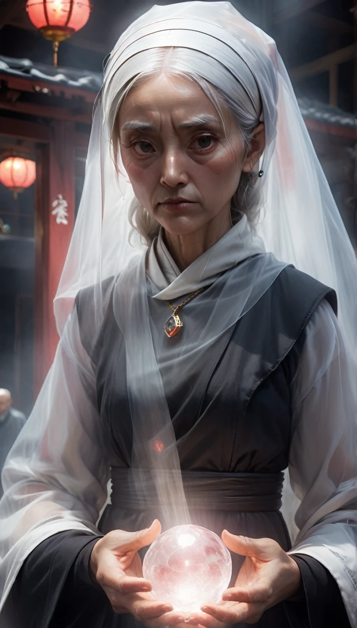 high resolution high quality Reality suspicious Japan nun In front of a round crystal Intimidation Upper Body Looming metallic Transparency Facing forward suspicious雰囲気 Dark atmosphere Upper Body Close-up of face Skinhead Bloodshot 65 years old Voluptuous Plump fat Japanese Style Fortune teller prophet