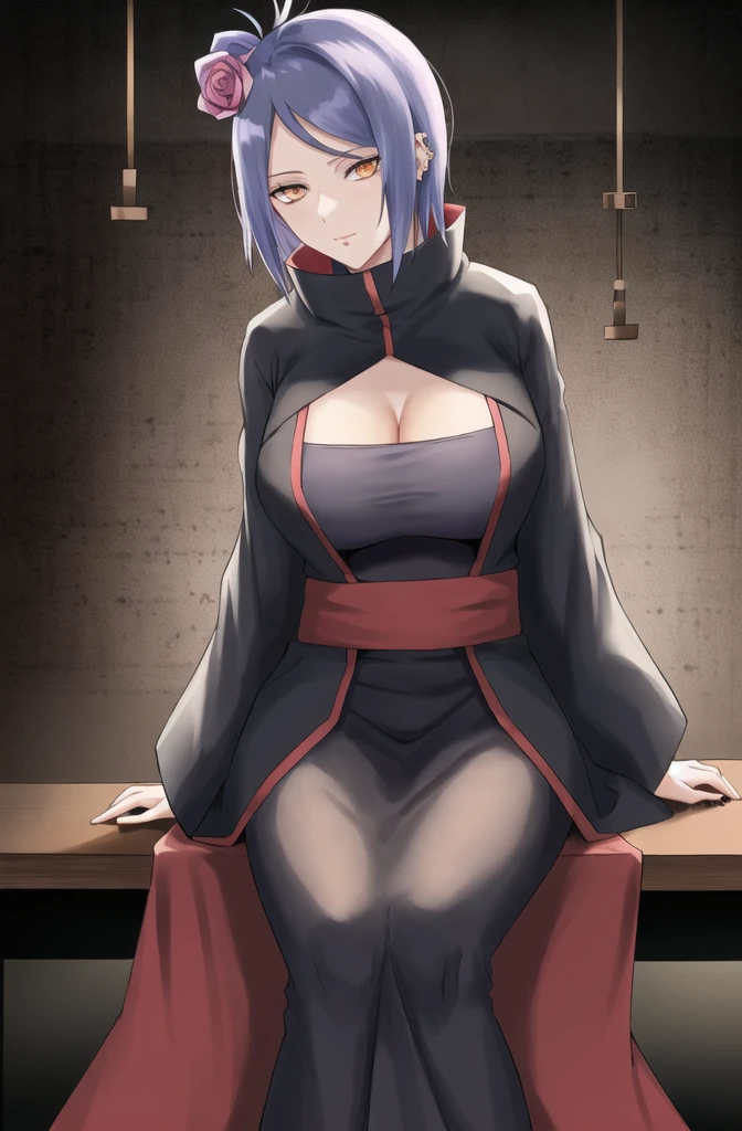 konan \(naruto\), solo, looking_at_viewer, 1girl, closed_mouth, akatsuki outfit, labret piercing, looking at the viewer, robe partially taken off, cleavage, (((sitting on the table inside dark room))), night time, busty, large breasts, akatsuki robe with red clouds