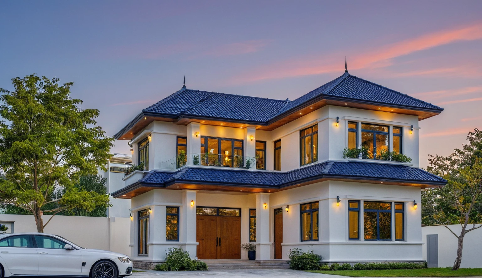(masterpiece:1.2), best quality, photo of A two-story modern house with white walls and dark blue tiles on the roof., tree and plant, streetcapes, natural light, vivid color, The exterior of an elegant single family home features large windows, a dark gray door frame.