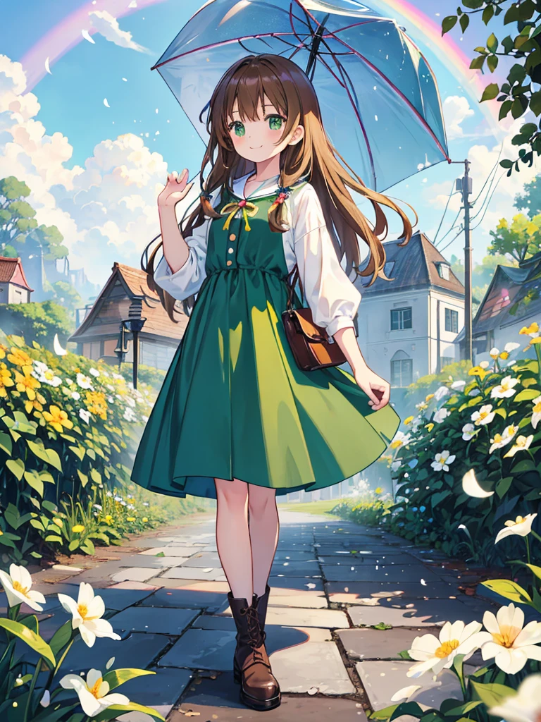kawaii, anime, Cute, hyper quality, highly detailed, 16k, Front facing, Clarity, smile, full body, one girl, brown long hair, green eyes, It's going to rain, walk in town, blue sky, bright sunlight, brown dress, look up at the sky, wet road, early afternoon, vinyl umbrella placed on the ground, brown bird keychain, Pouch, hold one hand up to the sky, smiling, , brick road, angel feather hair ornament, wet flowers, small white flowers bloom, color effect, prism effect, white kiwi flowers bloom, petals dance, pale rainbow, rainbow effect, light effects, boots, green ribbon,