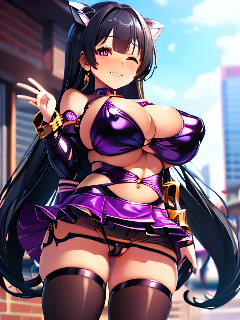 ((Hair covering eyes、best quality、Very detailed)、((A girl))、((Very long hair、Double tail))、Pink Eyes、Bronze skin、Fear、((There are many piercings))、((Very large breasts))、Cowboy shooting、Shot from below、Office Background，((best quality)), ((masterpiece)), (detailed), (character focus、Breast Focus,whole body), Anime 2D Rendering, Realistic young anime women, Five fingers, Perfect face, Beautiful details, Beautiful Body, Beautiful breasts, Beautiful thighs, (Huge breasts)、Beautiful Feet, (Fair and beautiful skin), 、 12 year oirl、 ((Black mini skirt))、(Black pantyhose), ((Grin))、street、She turned her face and body toward the audience，Beautiful face and charming smile，eternal，Hair covering eyes睛，（Large Breasts），Shy，Exceed，Thick Legs，Succubus，Fascinating three-dimensional,Fascinating three-dimensional，Fascinating three-dimensional，Magical girl，Bright Black，（（Hair covering eyes））、Umbilical cord、earrings、Purple Gemstone、Bunny Girl