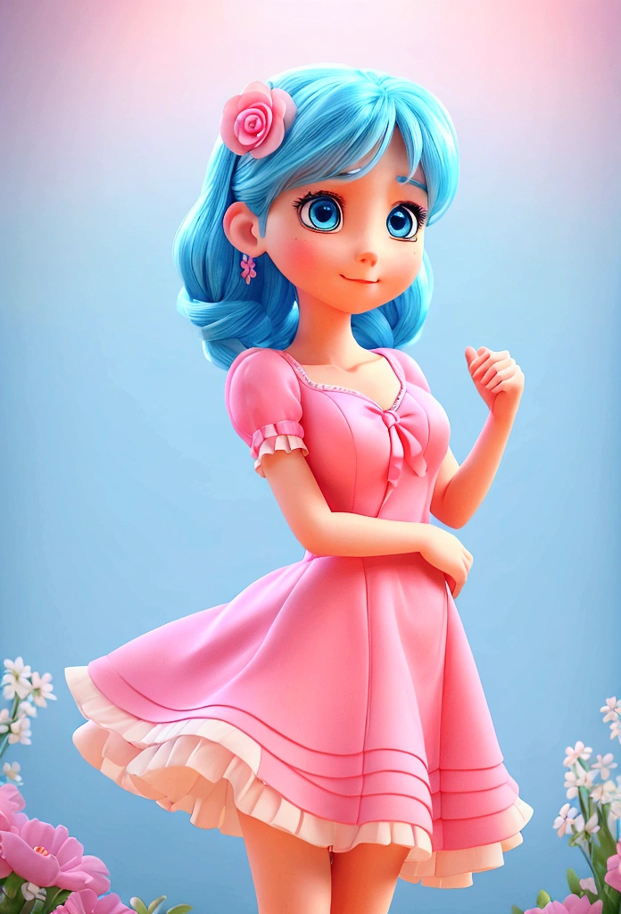 A woman with blue eyes and a pretty face wears a pink dress and dances with a dreamy expression as if she is dreaming. Camera angle that captures the upper body above the hips, sharp resolution, cinematic lighting, sharp picture quality, realistic atmosphere, bright theme, surreal atmosphere, detailed details, 8k high resolution, best quality,