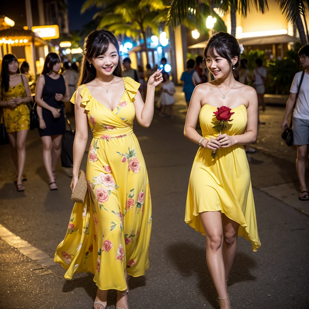 Wearing a yellow dress、A woman enjoying vacation at a tropical resort at night。With a red rose in my hand。