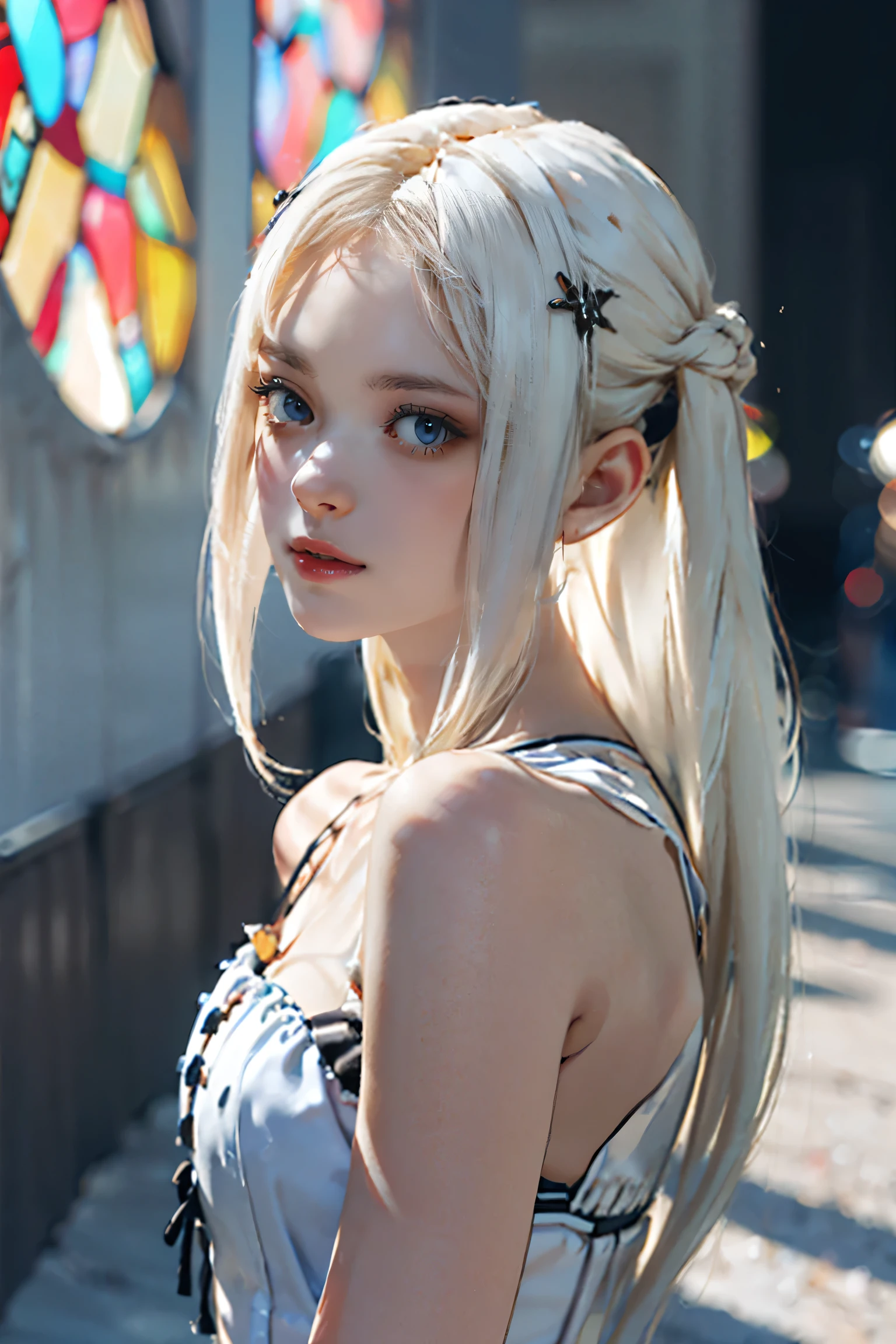 (UHigh resolution, retina, masterpiece, Accurate, Anatomically correct, Textured skin, Super detailed, Attention to detail, high quality, 最high quality, High resolution, 1080P, High resolution, 4K, 8K, 16K), (美しいAttention to detail目, Beautiful lip detail, Highly detailed eyes and face), Studio Lighting, Physically Based Rendering, Vibrant colors, (Gothic Dress), (Portraiture, Shiny Hair, Shiny skin), [Stained Glass Windows, Bokeh], (incline one's head to the side:1.2), Eye Reflexes, (blush:1), (Gothic art, Pale skin:1.5), Big Breasts