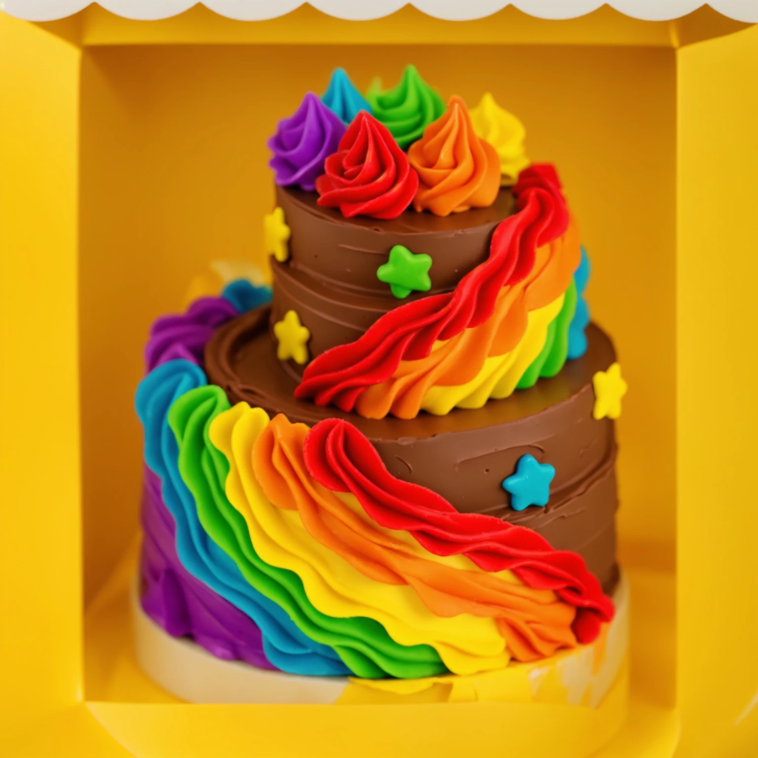 in a yellow plastic box. there is a two-story chocolate cake in the box ((chocolate cream texture, strokes of a pastry spatula)), rainbow cream in stitches, decorated with rainbow stars made of polymer clay, multi-colored cream on top ((cream highlights)), Beautiful light from the window, contour light, Multiple light sources, beautiful lighting, Bright light source, bright lighting, beautiful light sources, Multiple light sources, Realistic style , realistic texture, detailed texture, A high resolution, high quality, realistic photo, ultra hd 4k,