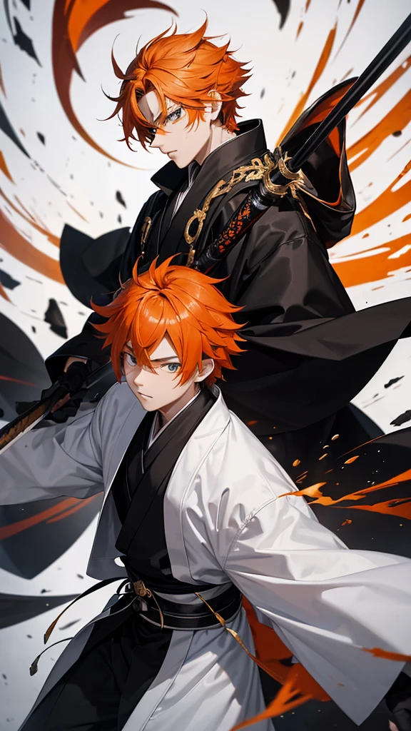 Teenager. Male. Orange hair. Black irises. Round face. Black samurai robe with gold linings. White overcoat. Giant paint brush as weapon.